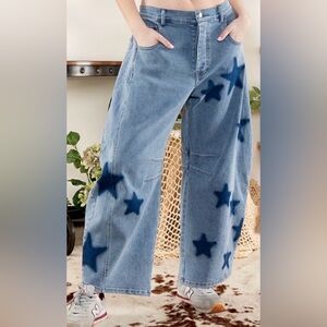 Blue Velvet Star Print Barrel Leg Jeans Women’s M High Rise Wide Leg Button Fly